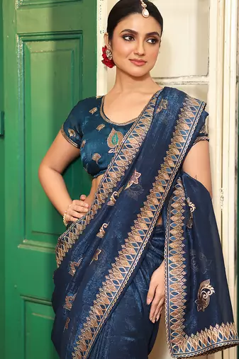 blue chiffon embroidery work ethnic girlie saree
