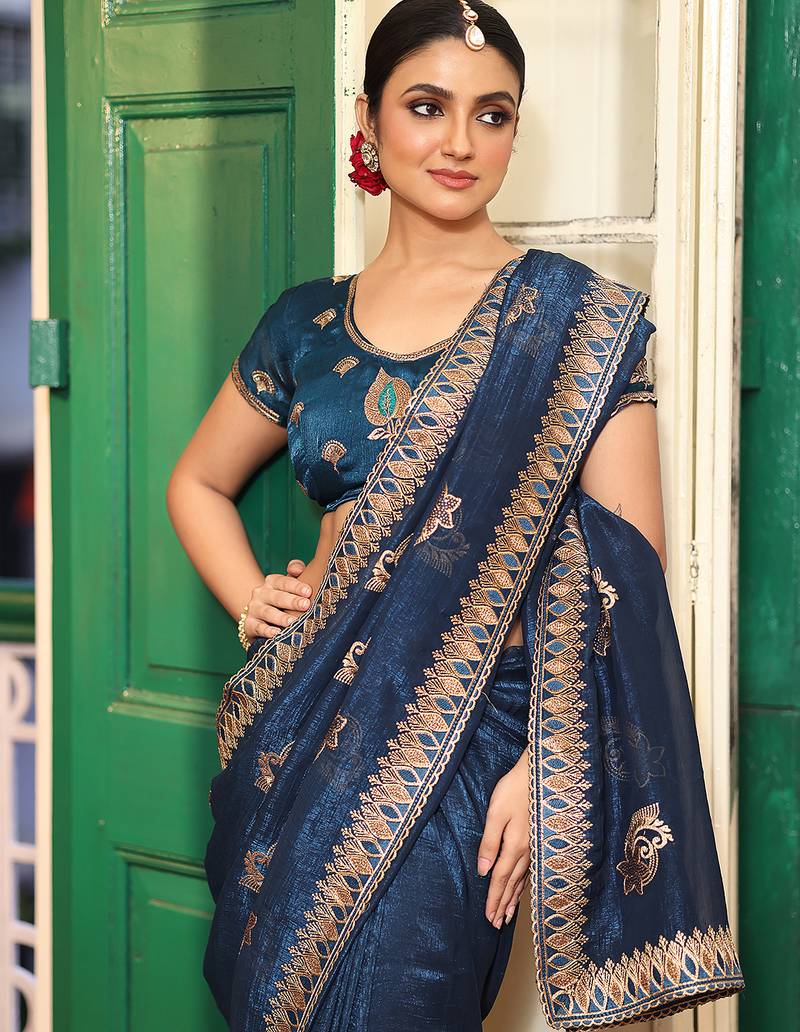 blue color chiffon fabric embroidery work ethnic girlie saree