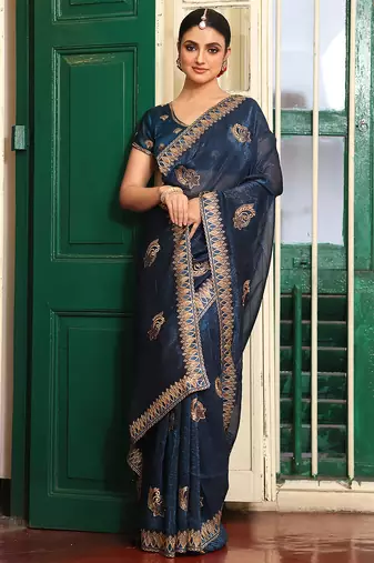 blue chiffon embroidery work ethnic girlie saree