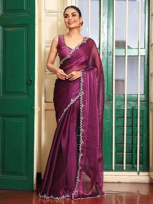 burgundy organza fancy swarovski work ethnic girlie saree 1