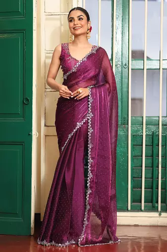 burgundy color organza fabric fancy designer swarovski work ethnic girlie saree