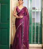 burgundy color organza fabric fancy swarovski work ethnic girlie saree
