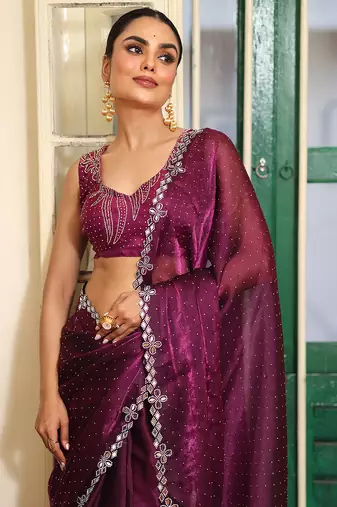 burgundy organza fancy swarovski work ethnic girlie saree