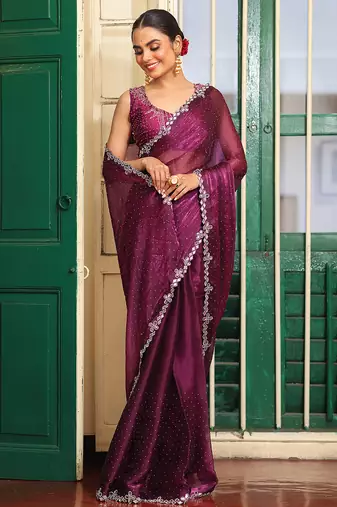 burgundy organza fancy swarovski work ethnic girlie saree