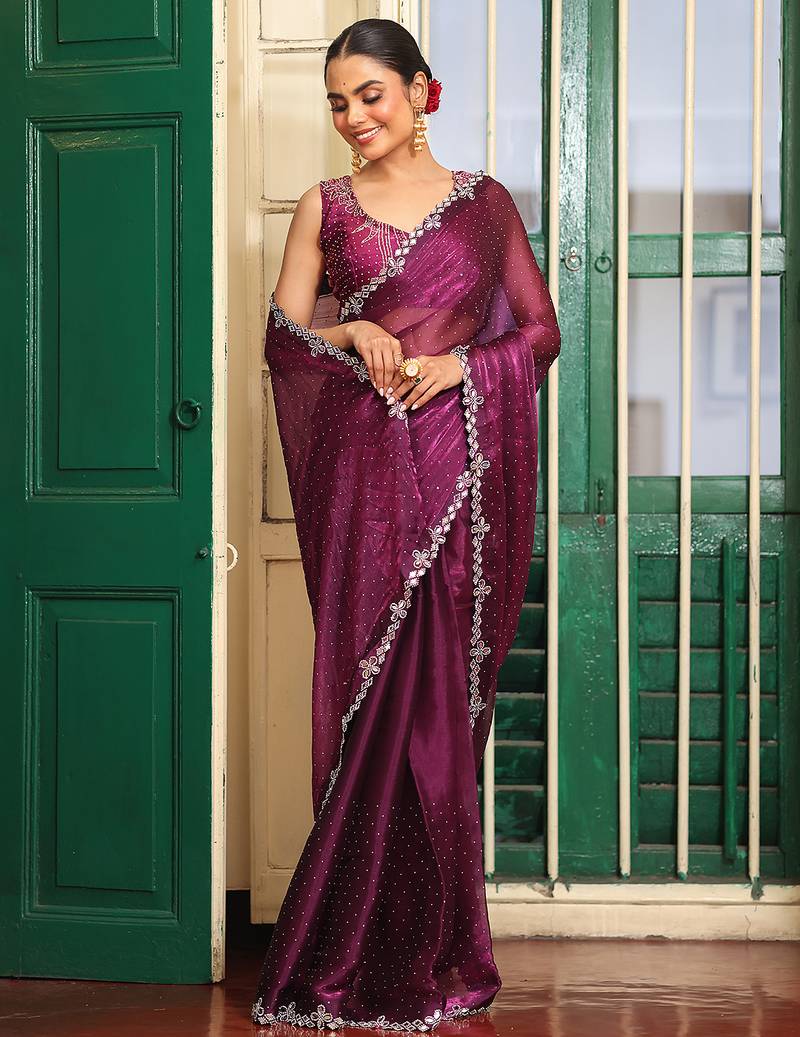 burgundy color organza fabric fancy designer swarovski work ethnic girlie saree