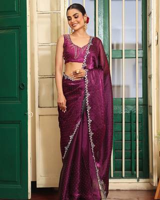 burgundy organza fancy swarovski work ethnic girlie saree 5