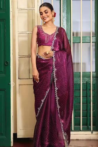 burgundy organza fancy swarovski work ethnic girlie saree