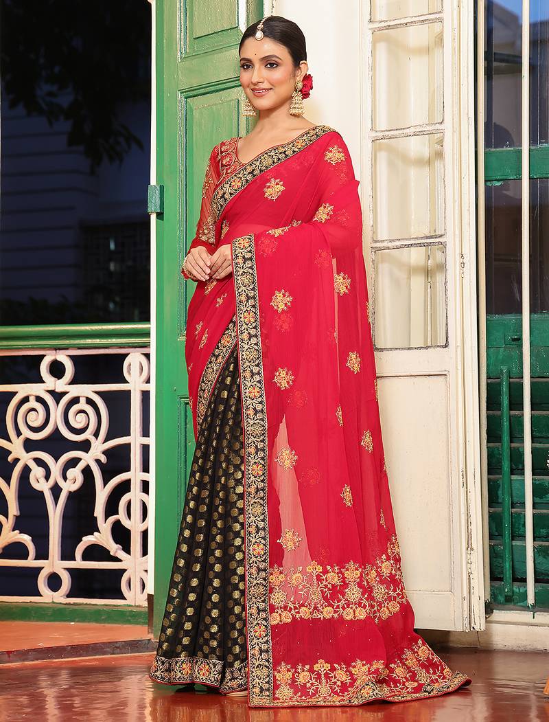 pink color viscose rayon fabric embroidery work ethnic girlie saree