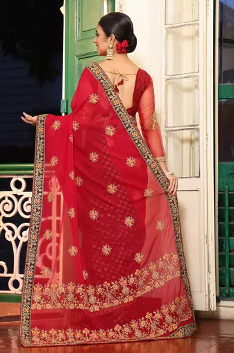 pink viscosee rayon embroidery work ethnic girlie saree