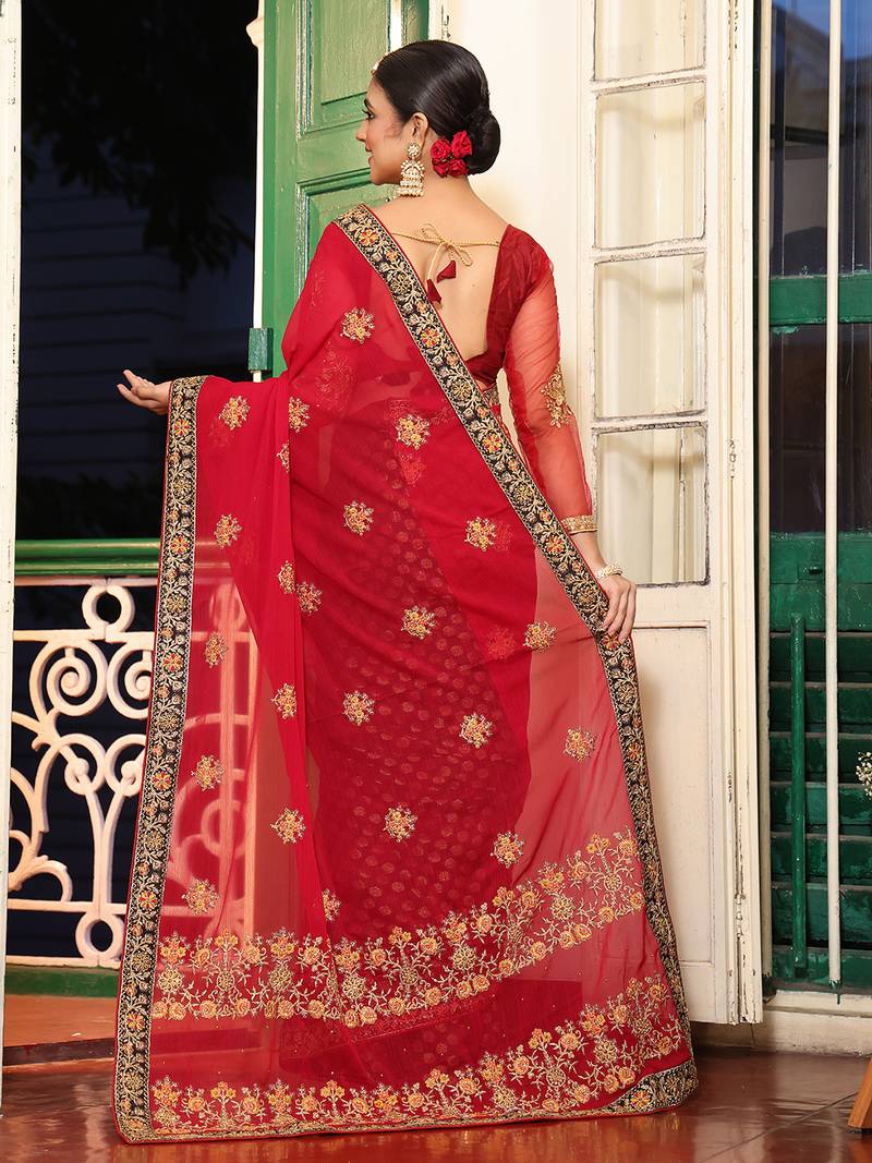 pink color viscose rayon fabric embroidery work ethnic girlie saree