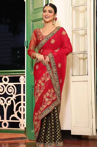 pink viscosee rayon embroidery work ethnic girlie saree
