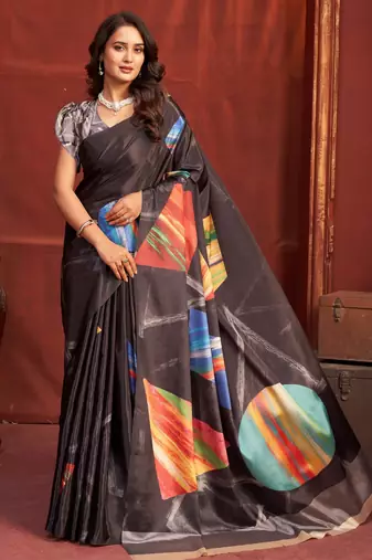 black color malai crepe art silk fabric designer digital printed girlie fashinova saree