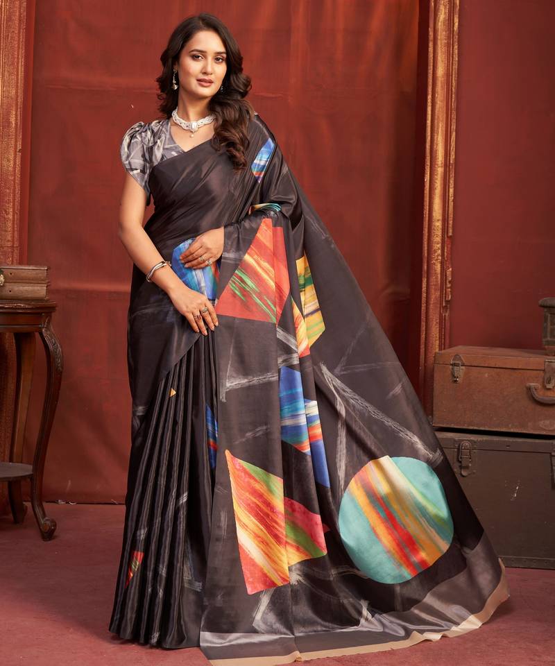 black color malai crepe art silk fabric designer digital printed girlie fashinova saree