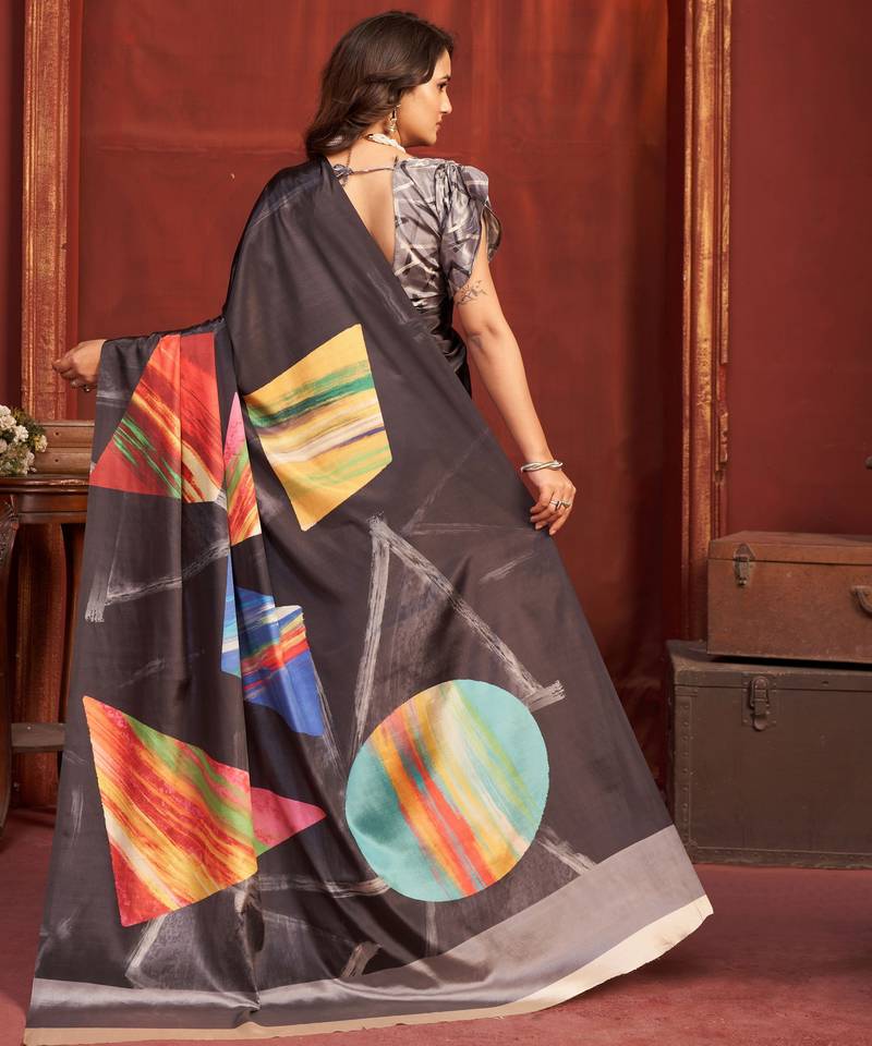 black color malai crepe art silk fabric designer digital printed girlie fashinova saree