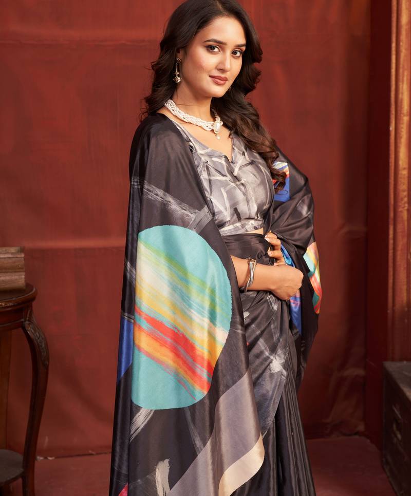 black color malai crepe art silk fabric designer digital printed girlie fashinova saree