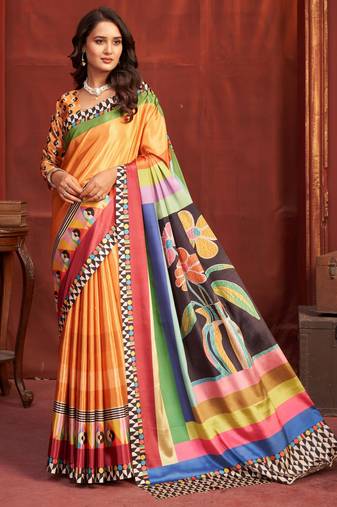 orange color malai crepe art silk fabric designer digital printed girlie fashinova saree