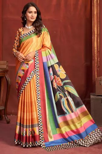 orange color malai crepe art silk fabric designer digital printed girlie fashinova saree