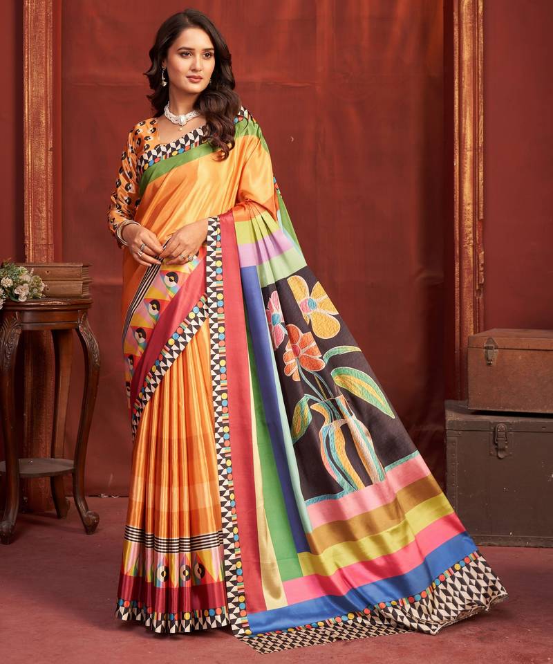 orange color malai crepe art silk fabric designer digital printed girlie fashinova saree