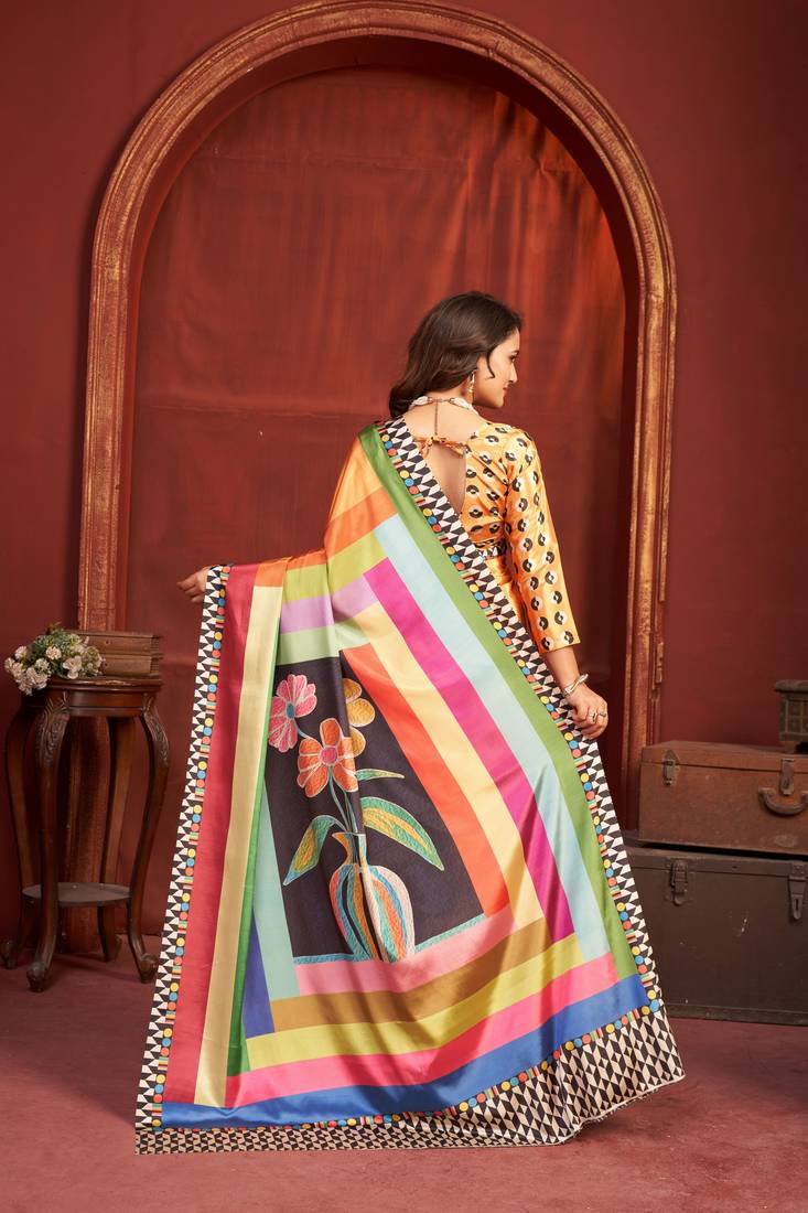 orange color malai crepe art silk fabric designer digital printed girlie fashinova saree