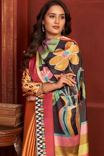 orange malai crepe art silk blend digital printed girlie fashinova saree