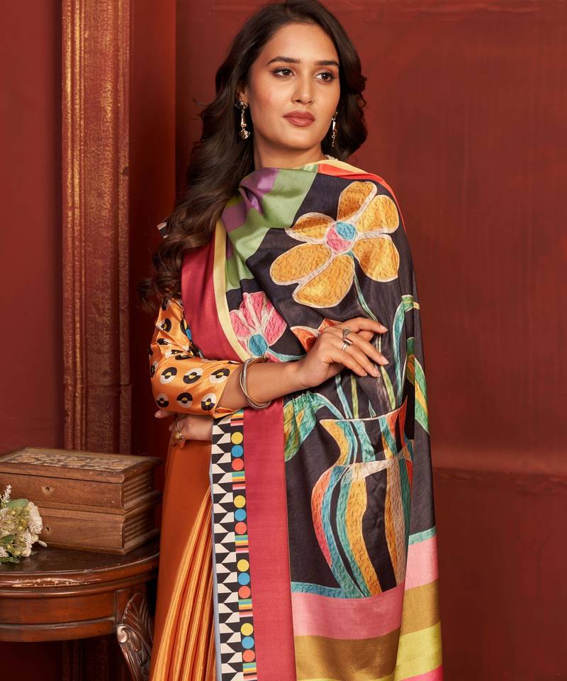 orange color malai crepe art silk fabric designer digital printed girlie fashinova saree