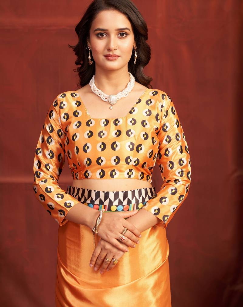 orange color malai crepe art silk fabric designer digital printed girlie fashinova saree