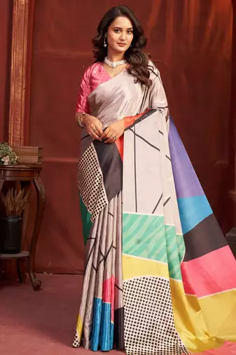 grey color malai crepe art silk fabric designer digital printed girlie fashinova saree