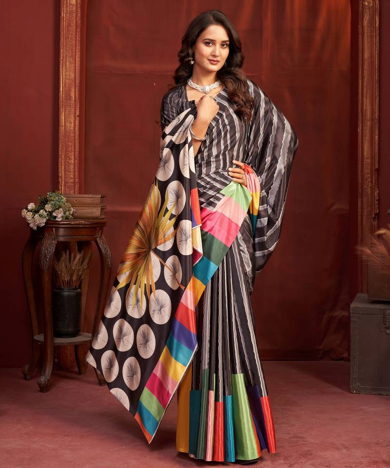 black color malai crepe art silk fabric designer digital printed girlie fashinova saree
