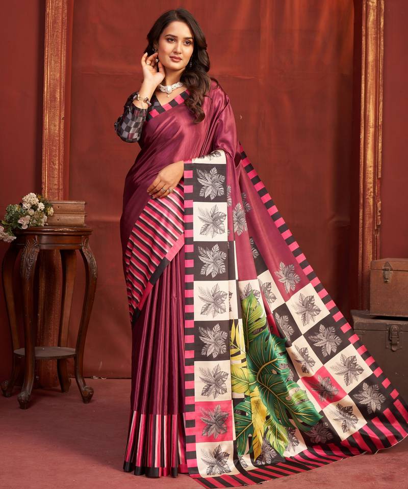 crimson red color malai crepe art silk fabric designer digital printed girlie fashinova saree
