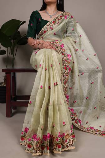 exquisite zari kota tissue saree with elegant thread embroidery