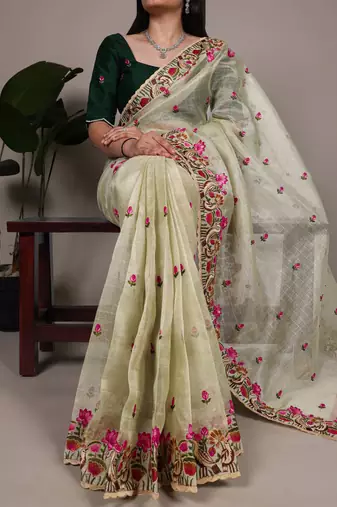 exquisite zari kota tissue saree with elegant thread embroidery