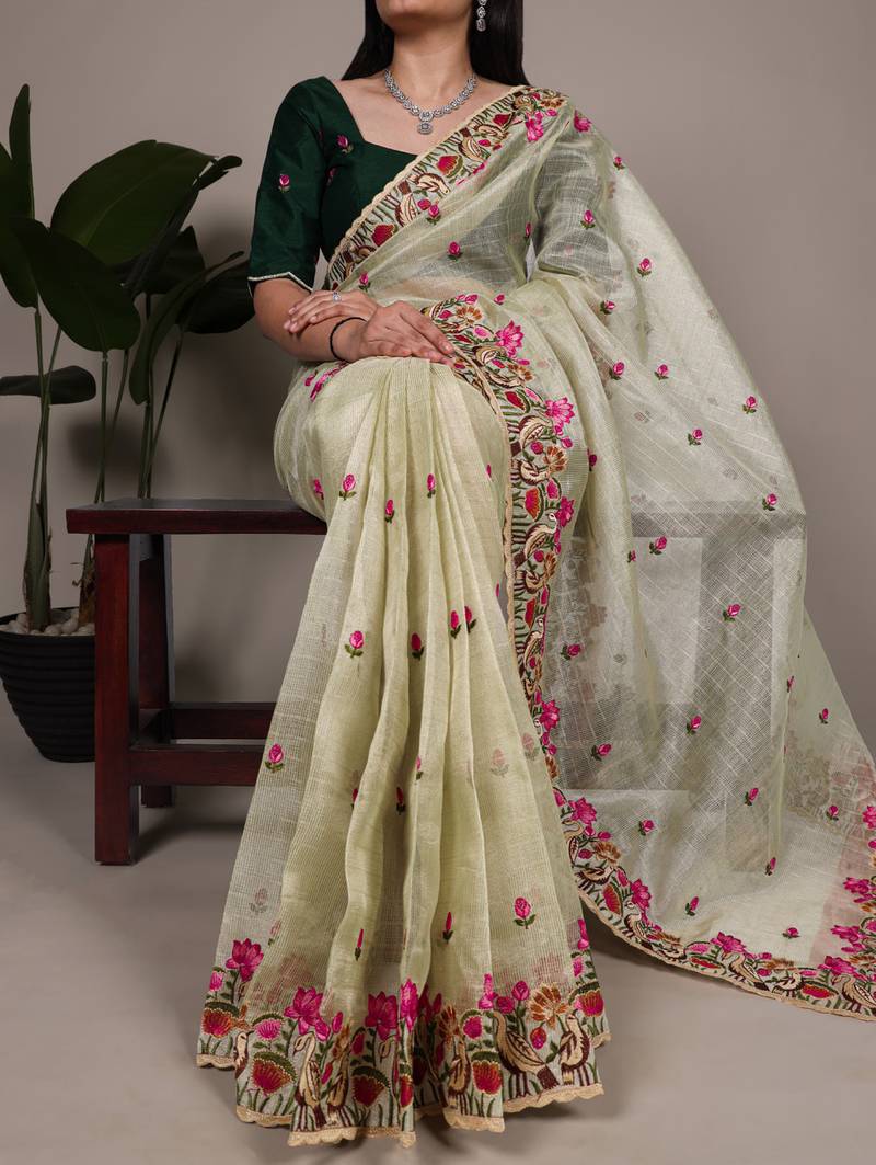 exquisite zari kota tissue saree with elegant thread embroidery