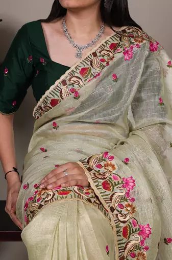 exquisite zari kota tissue saree with elegant thread embroidery