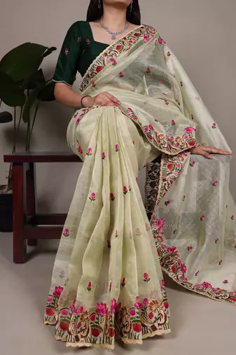 exquisite zari kota tissue saree with elegant thread embroidery