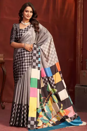 grey color malai crepe art silk fabric designer digital printed girlie fashinova saree