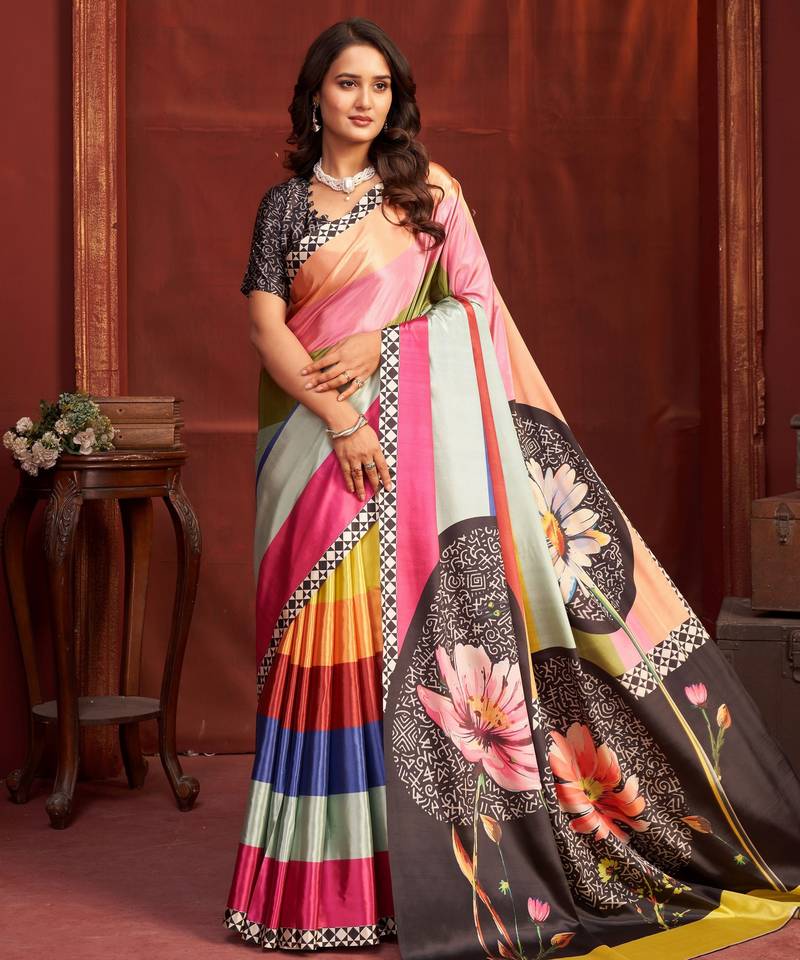 pink color malai crepe art silk fabric designer digital printed girlie fashinova saree