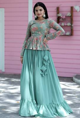 Sky Blue Georgette Digital Printed Sequence Work Lehenga Choli 1