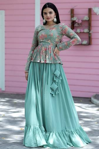 Sky Blue Color Georgette Digital Printed Sequence Work Lehenga Choli