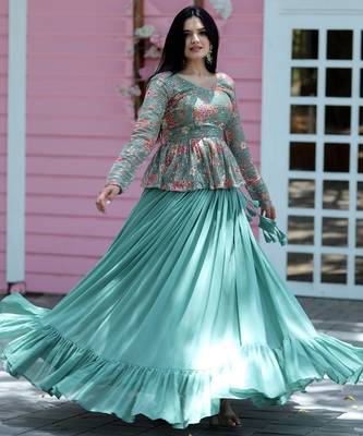 Sky Blue Georgette Digital Printed Sequence Work Lehenga Choli 2