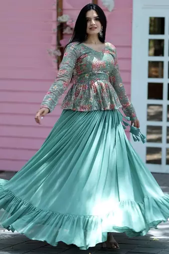 Sky Blue Georgette Digital Printed Sequence Work Lehenga Choli