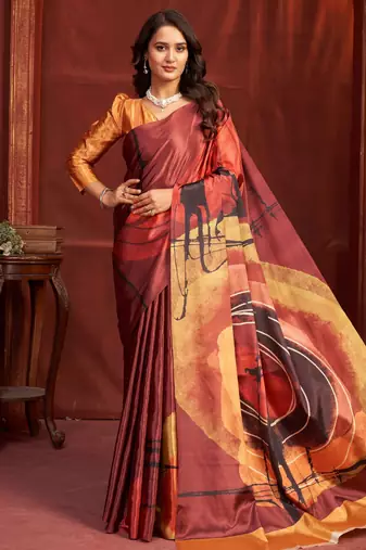 orange color malai crepe art silk fabric designer digital printed girlie fashinova saree