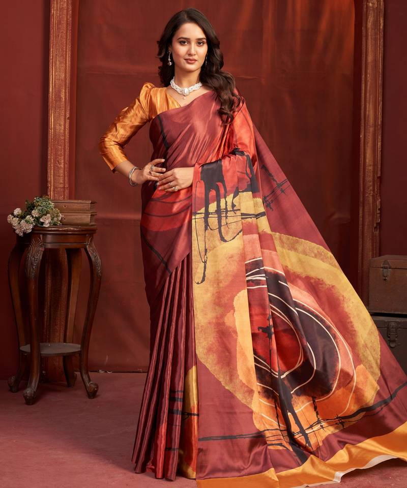 orange color malai crepe art silk fabric designer digital printed girlie fashinova saree