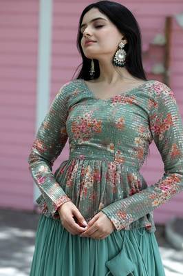 Sky Blue Georgette Digital Printed Sequence Work Lehenga Choli 3