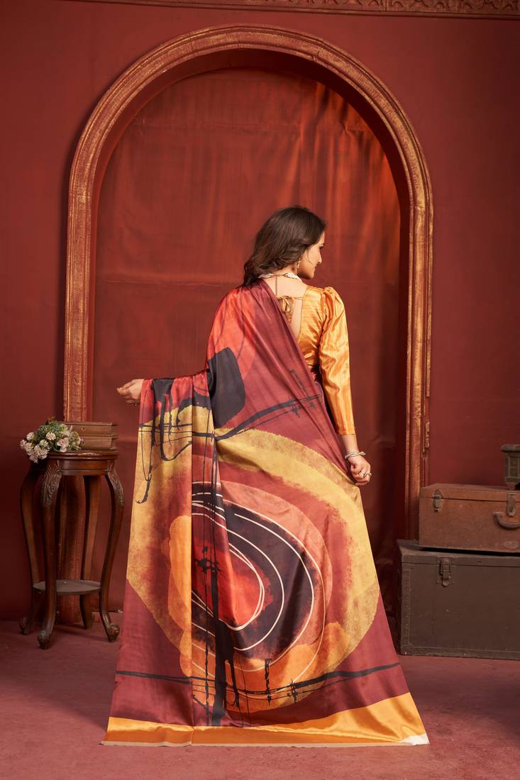 orange color malai crepe art silk fabric designer digital printed girlie fashinova saree