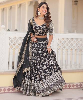 Black Viscose Jacquard Embroidered Sequins Work Lehenga Choli With Dupatta 1