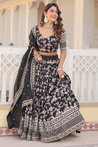 Black Color Viscose Jacquard Embroidered Sequins Work Lehenga Choli With Dupatta
