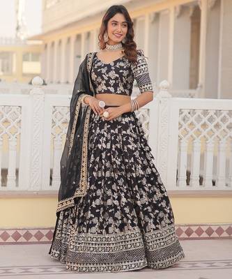 Black Viscose Jacquard Embroidered Sequins Work Lehenga Choli With Dupatta 2