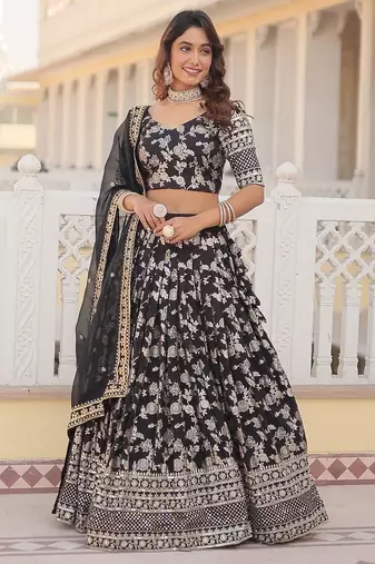 Black Color Viscose Jacquard Embroidered Sequins Work Lehenga Choli With Dupatta