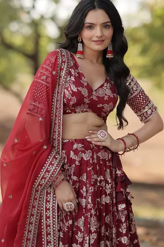 Maroon Color Viscose Jacquard Embroidered Sequins Work Lehenga Choli With Dupatta
