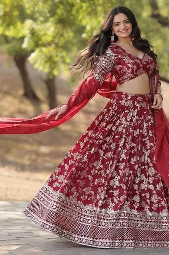 Maroon Color Viscose Jacquard Embroidered Sequins Work Lehenga Choli With Dupatta